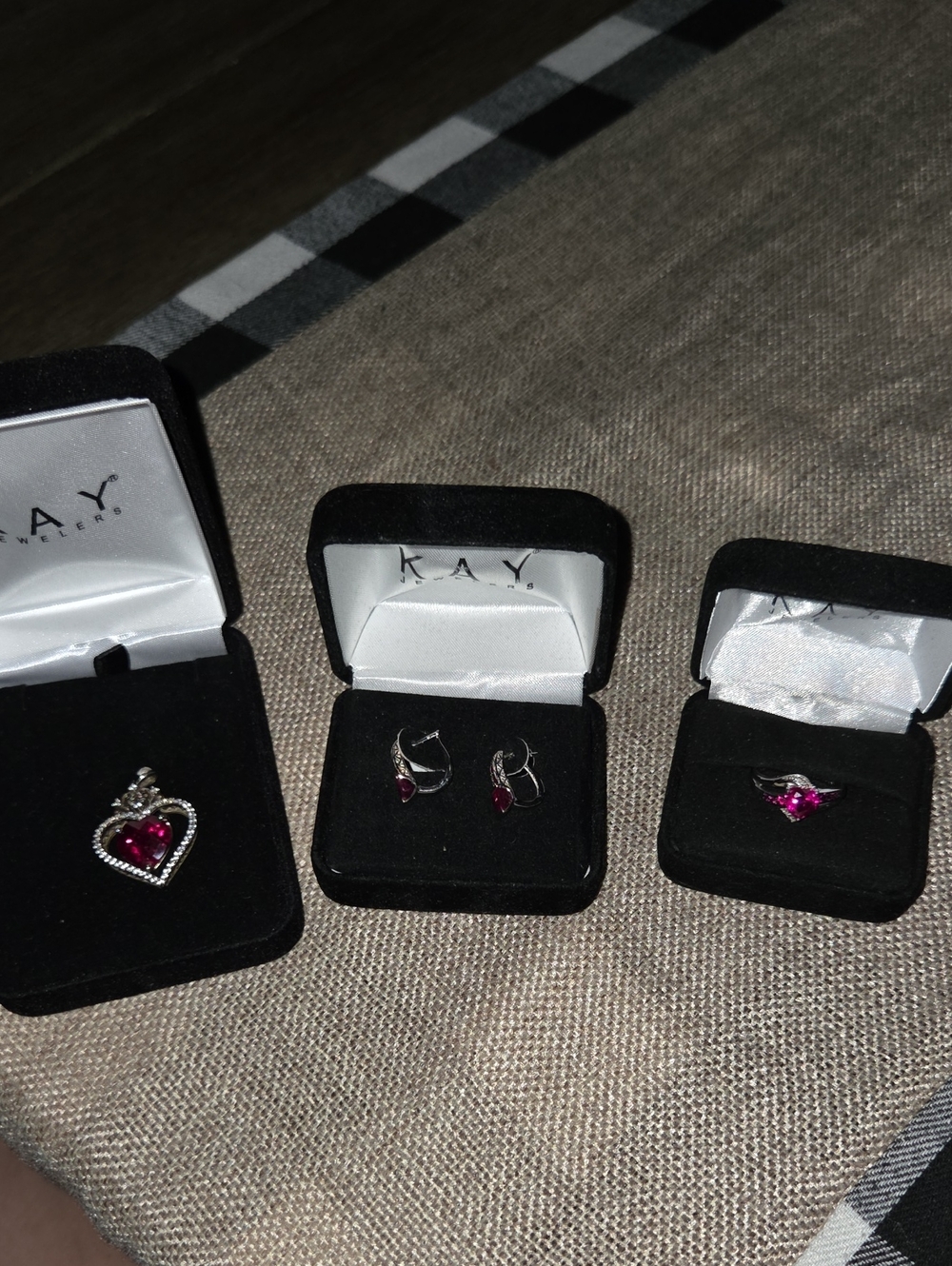 Kay Jewelers Pink Heart Pendant, Pink Stud Earrings & Pink Heart Ring Set